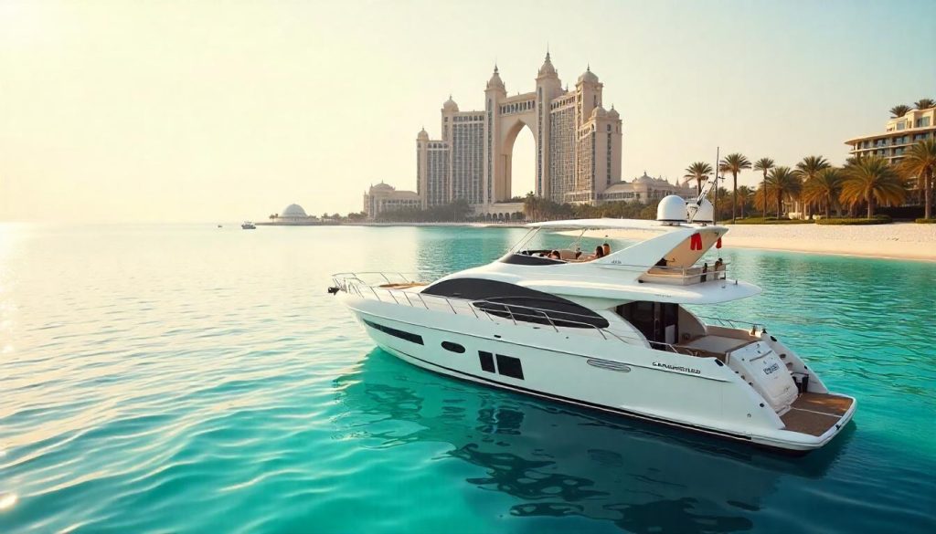 Το Yachting Dubai απεικονίζεται μέσα από ένα σκάφος που βρίσκεται αγκυροβολημένο κοντά στο Palm Jumeirah με φόντο το ξενοδοχείο Atlantis.  
