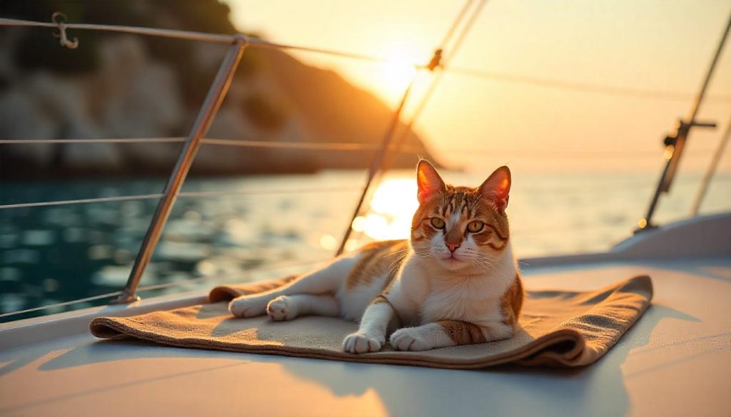 Cat resting on a yacht during pet travel on yachts in the Mediterranean.