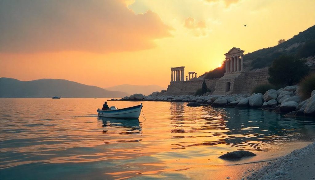 Boat near Ephesus ruins for boating trips for history buffs.