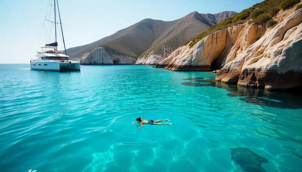 Solo traveler snorkeling during solo yacht travel in the Balearic Islands.