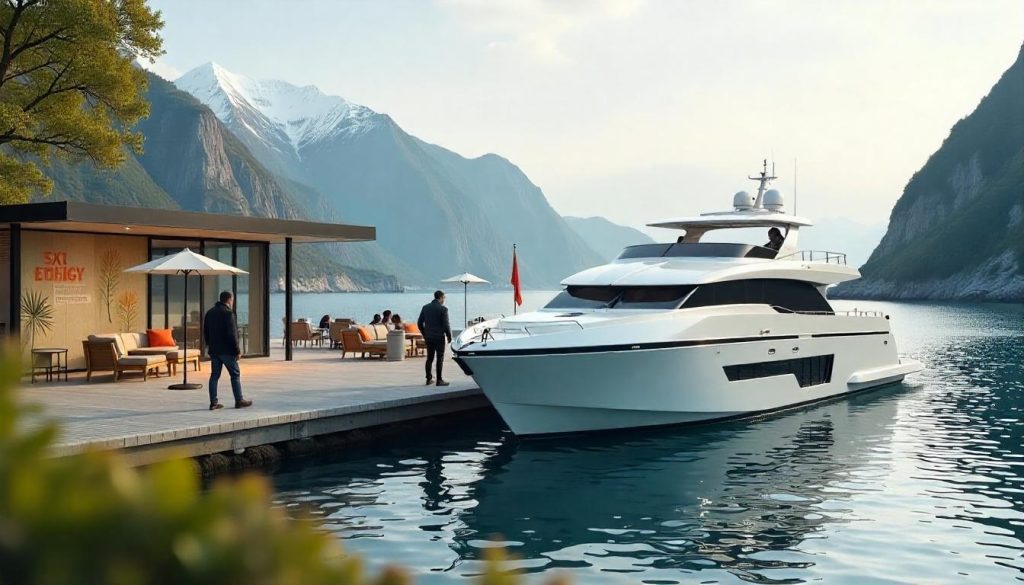 Couple admiring an electric yacht at a marina, showcasing the rise of electric and hybrid yachts.