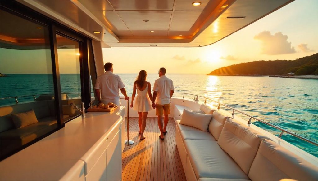 Couple touring a luxury yacht during choosing the right yacht in the Maldives.