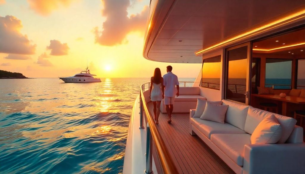 Couple touring a luxury yacht during choosing the right yacht in the Maldives.