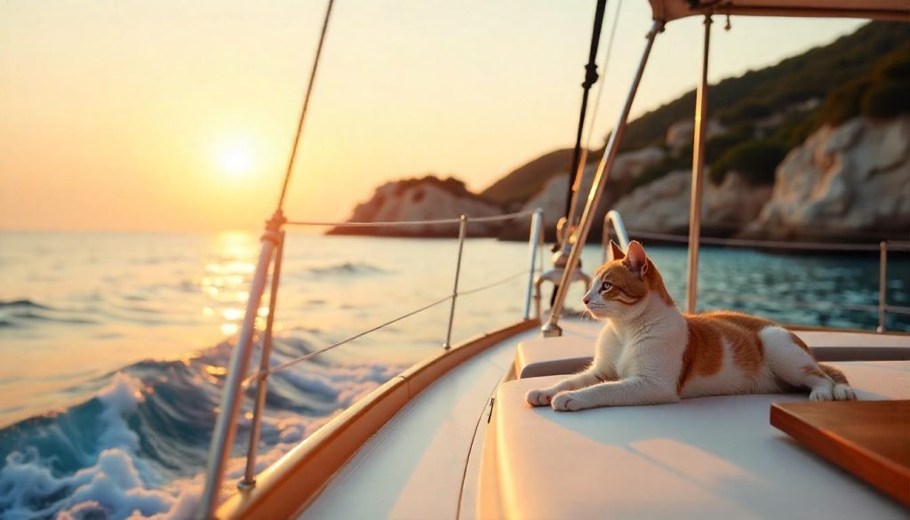 Cat resting on a yacht during pet-friendly yacht charters in the Mediterranean.