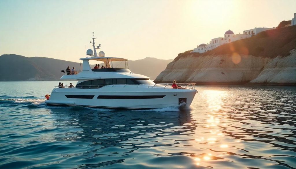 Solar-powered yacht with guests kayaking during green tech in yacht charters in the Mediterranean.