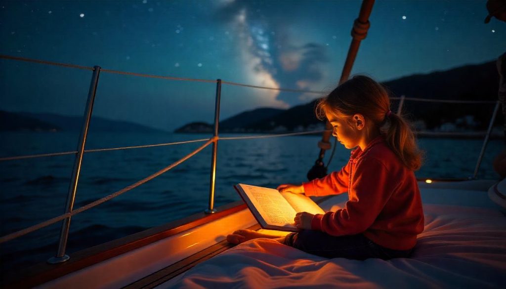 Child stargazing on a yacht during sea travel with children in the Mediterranean.