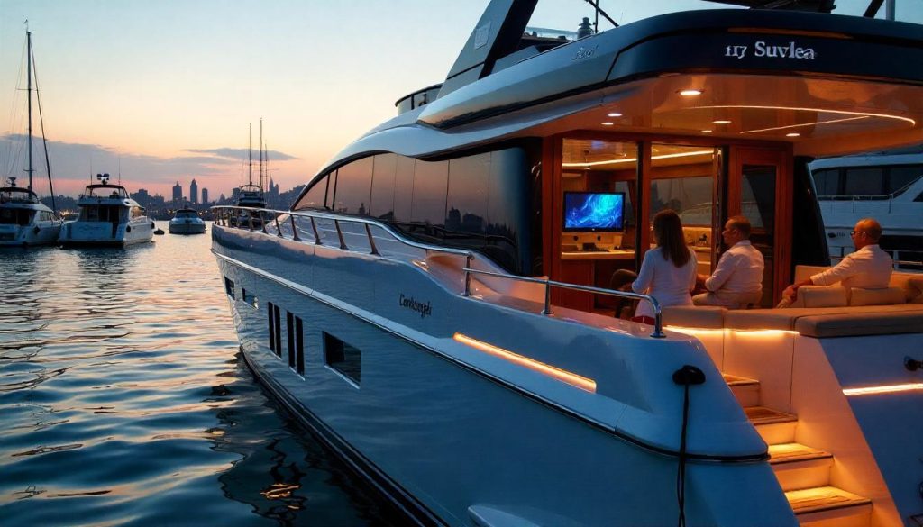 Modern yacht with advanced yacht tech docked at a bustling marina.