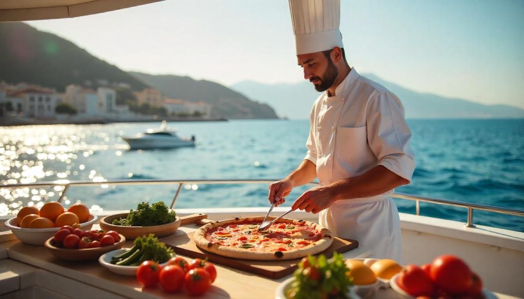 Chef teaching pizza-making during immersive yachting experiences in Italy.