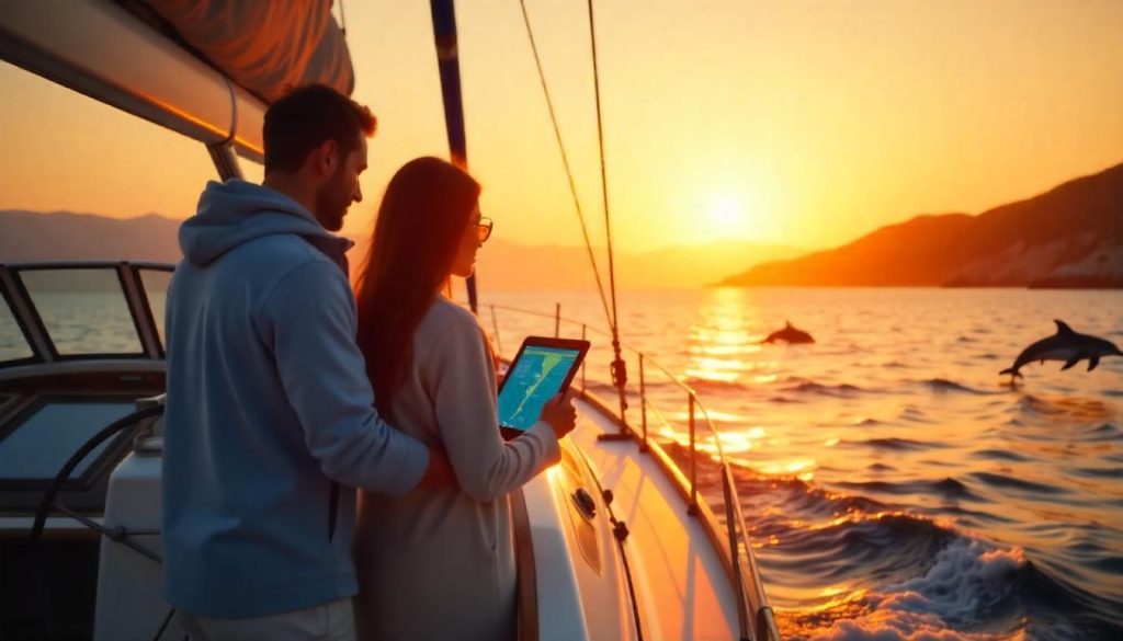 Couple practicing eco-friendly yacht chartering with sustainable navigation in the Mediterranean.