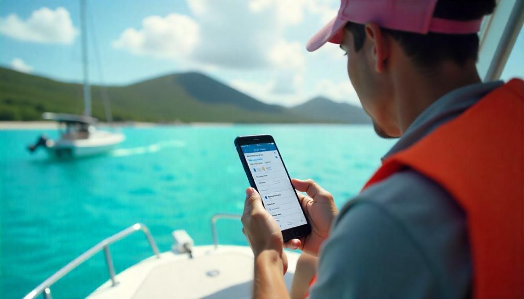 Boater using US Coast Guard app for boating safety in British Virgin Islands.