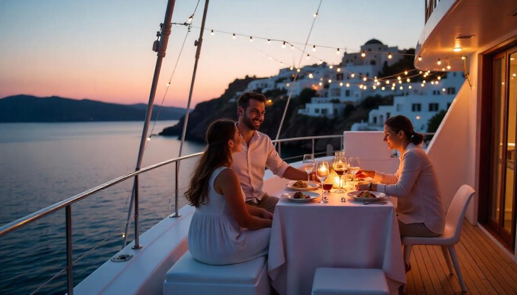 Couple dining on a yacht during anniversary yacht charters in Santorini.