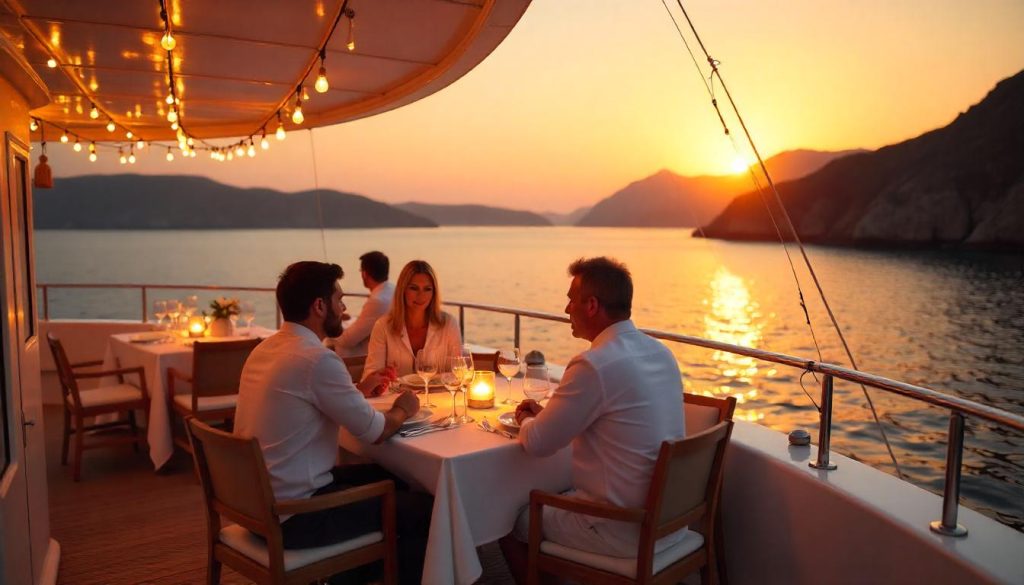 Corporate dinner on a yacht during planning a yacht corporate gathering in the Mediterranean.