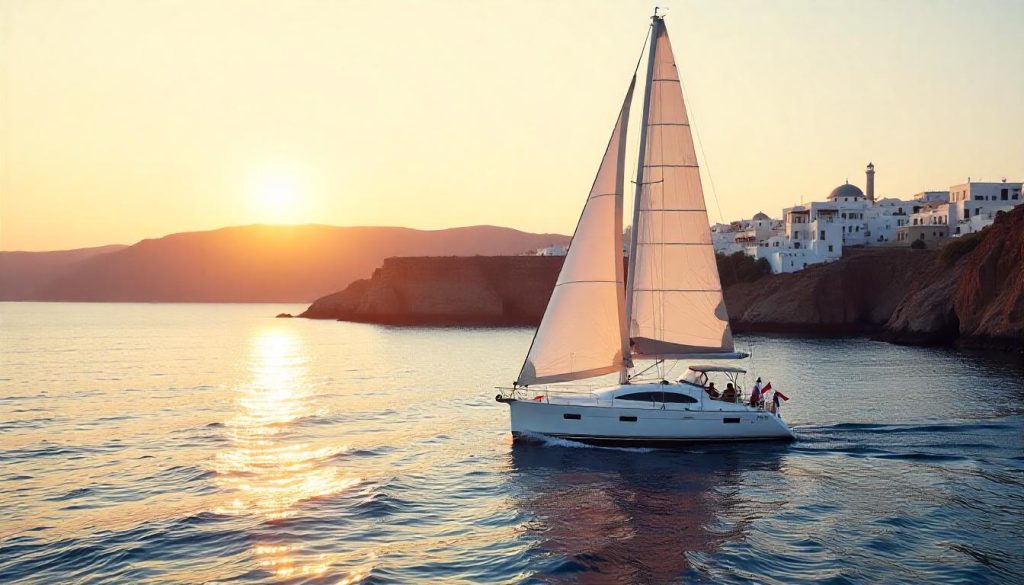 Yacht cruising near Santorini during winter luxury yacht trips.