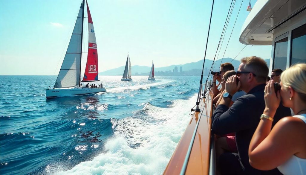 Yacht on sports event yacht charter watching America’s Cup off Barcelona.