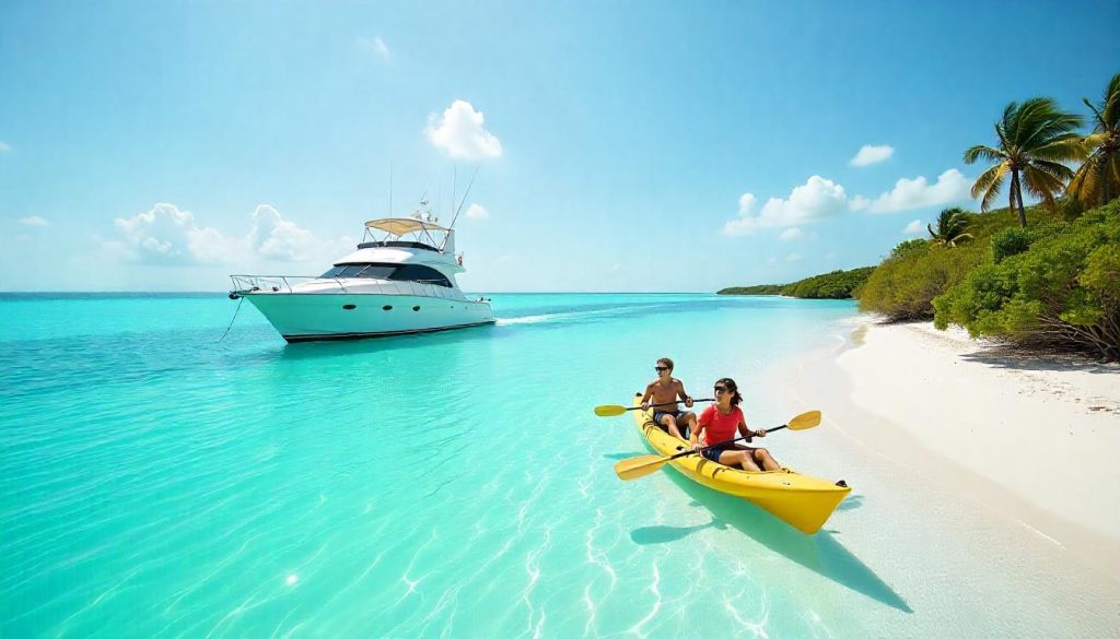 Family kayaking near a yacht in the Exumas, showcasing hidden gem destinations for yacht charters.