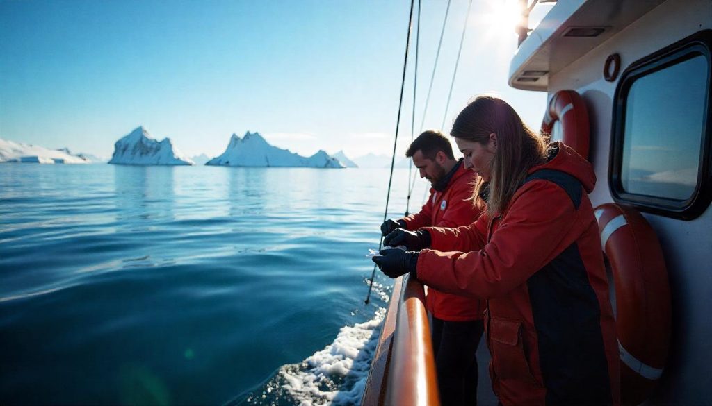 Team analyzing samples during yacht-based research voyages in Antarctica.