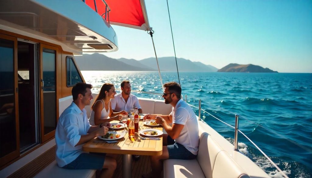 Family dining during yacht voyage across Atlantic near Azores.