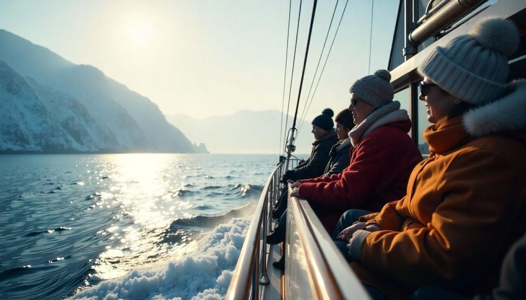 Guests on deck during cold-season yacht cruising in Bay of Islands.