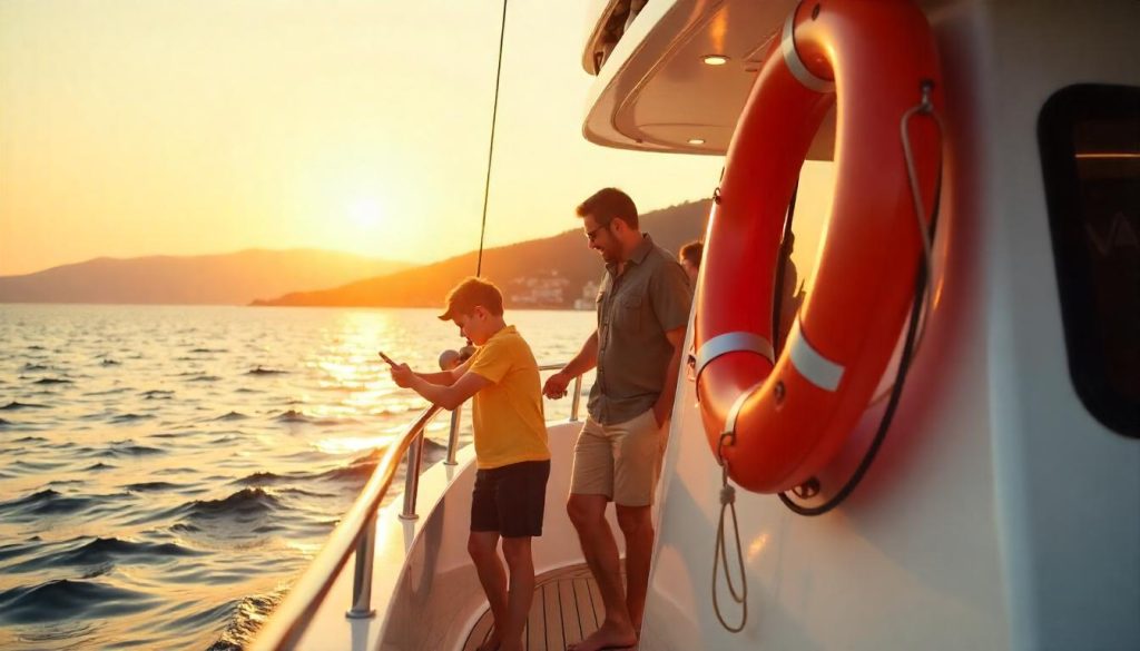 Family preparing life jackets during guest yacht maintenance basics in Cannes.