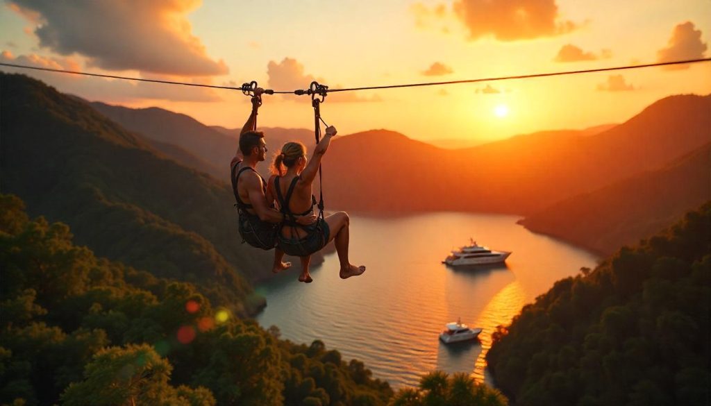 Couple zip-lining during yachting with terrestrial excursions in Costa Rica.