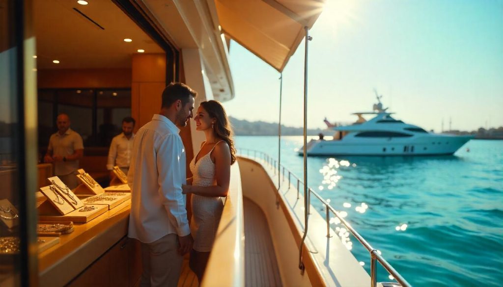 Couple shopping during yacht-based shopping adventures in Dubai.