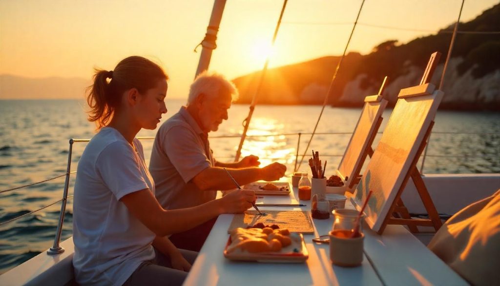 Family painting on a yacht during plan a multi-generational yacht vacation in Dubrovnik.