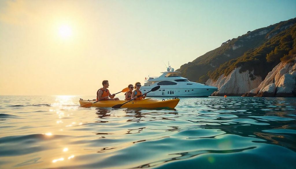 Family kayaking during yacht charters for club outings in Dubrovnik.