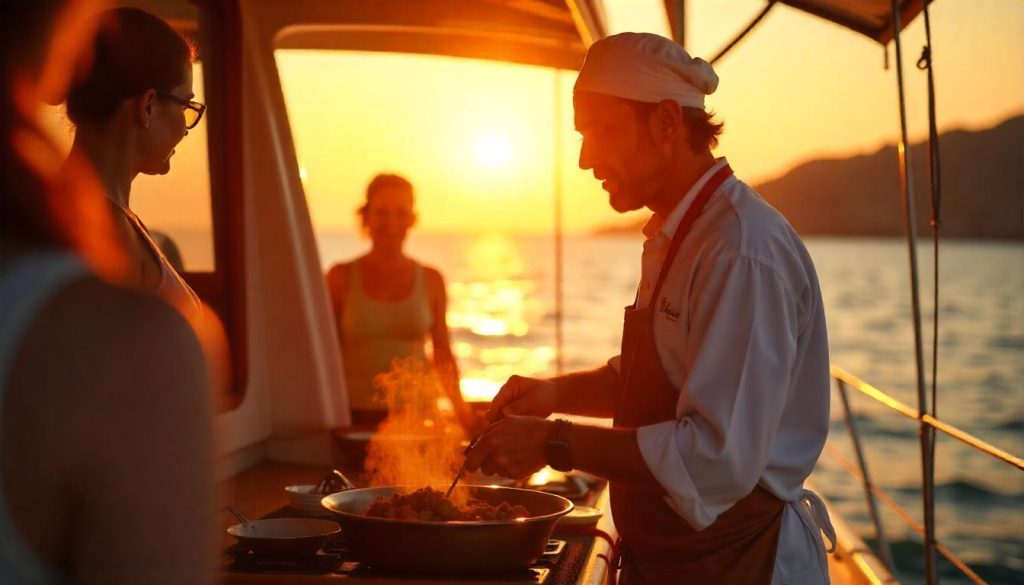 Guests cooking tagine during cultural yacht port visits in Essaouira.