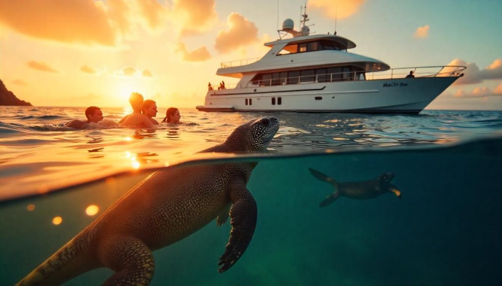 Family snorkeling with iguanas during yacht travel for diving spots in Galapagos.