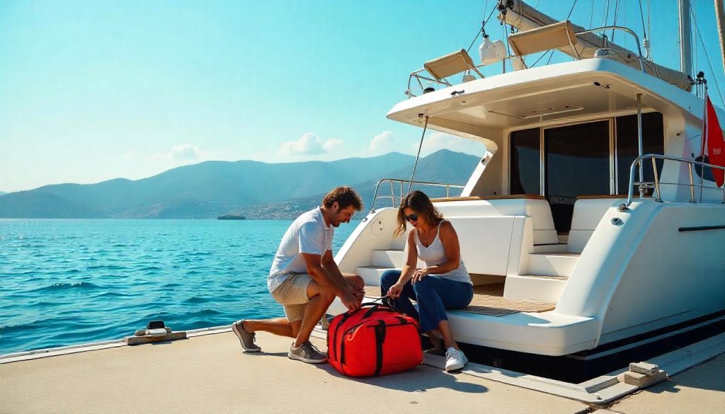 Family packing during first-time yacht charter prep in Greece.