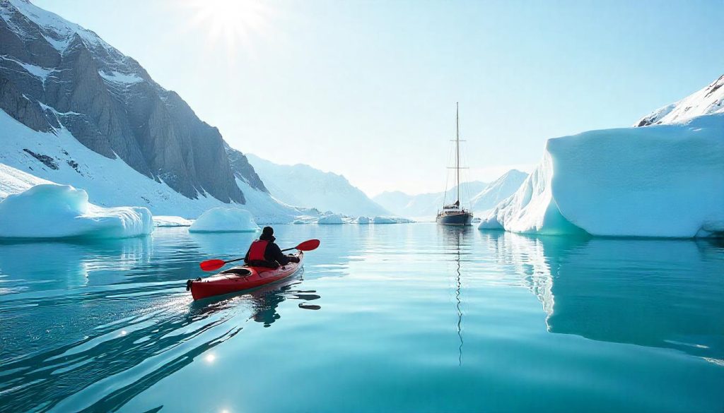Kayak expedition near a yacht during untouched waters yacht trips in Greenland.