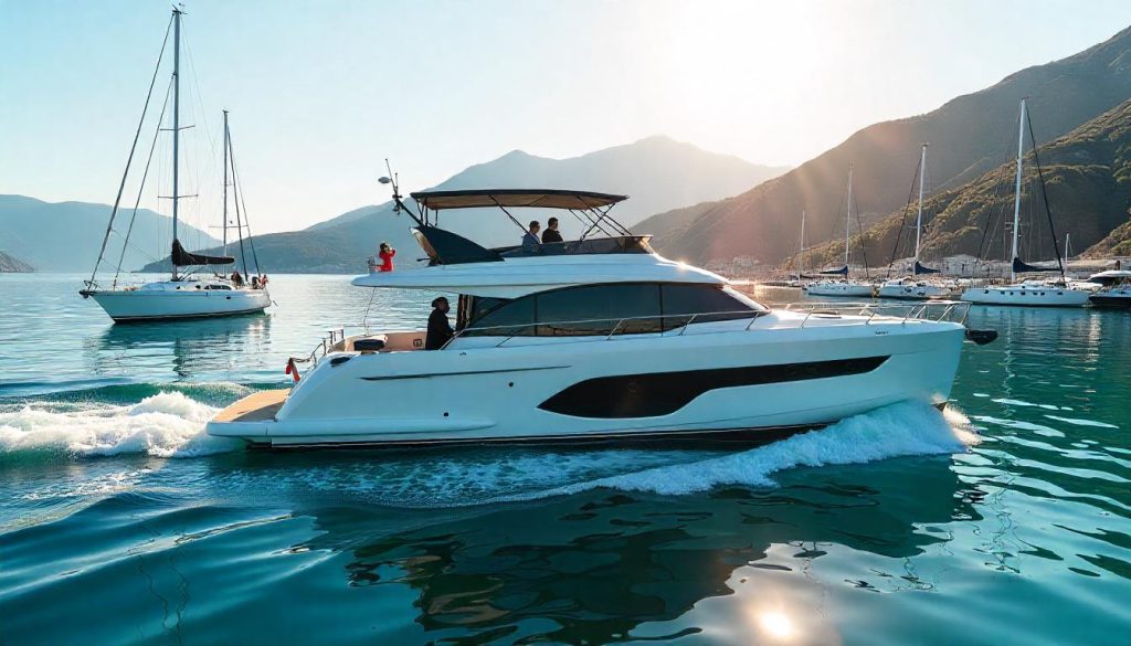 Greenline 40 yacht in a marina during hybrid yacht innovations in the Mediterranean.