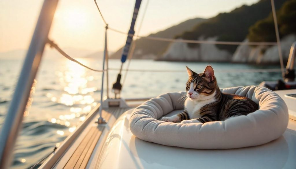 Cat lounging on a yacht during furry friend yacht trips in Croatia.