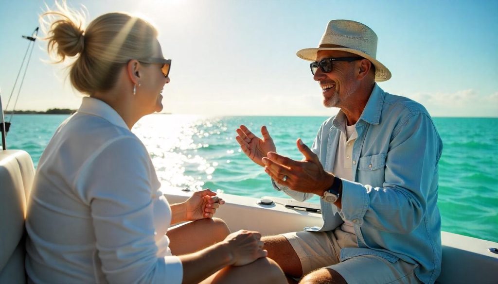 Guide signing during disability-friendly yacht charters in Key Largo.