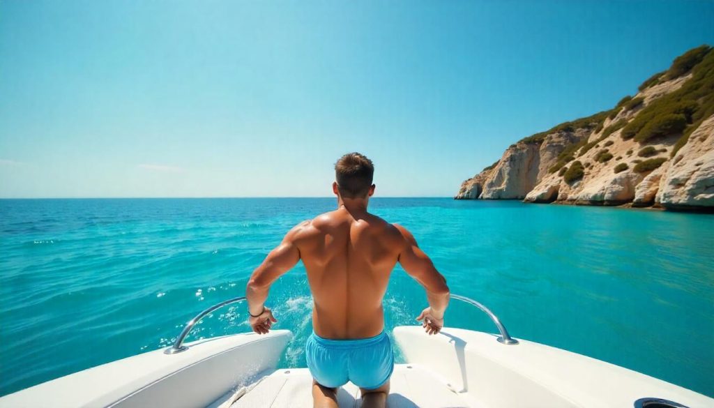 Worker swimming during sea-based digital workspace in Mallorca.