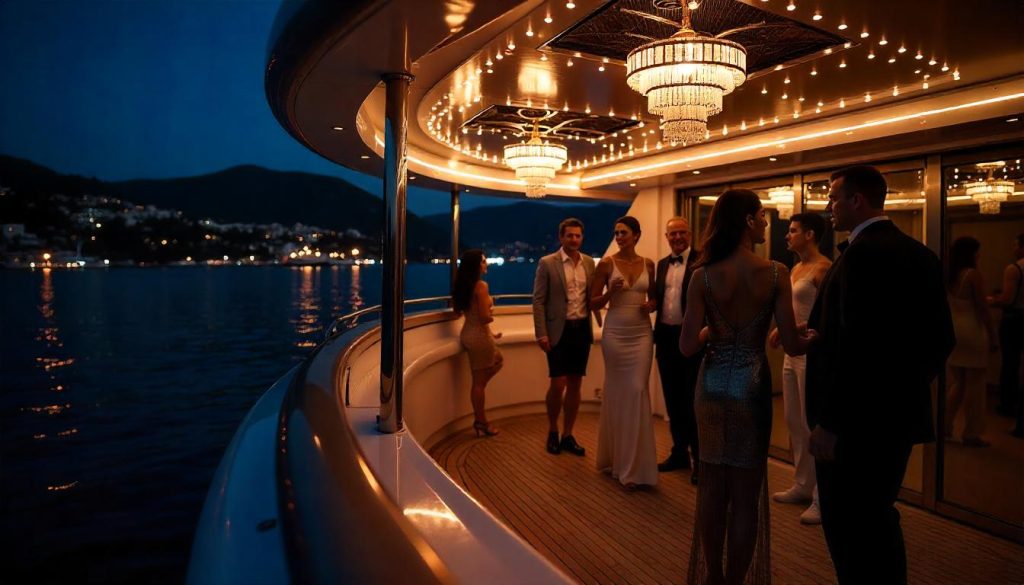 Guests dancing during themed yacht event organization in Monaco.