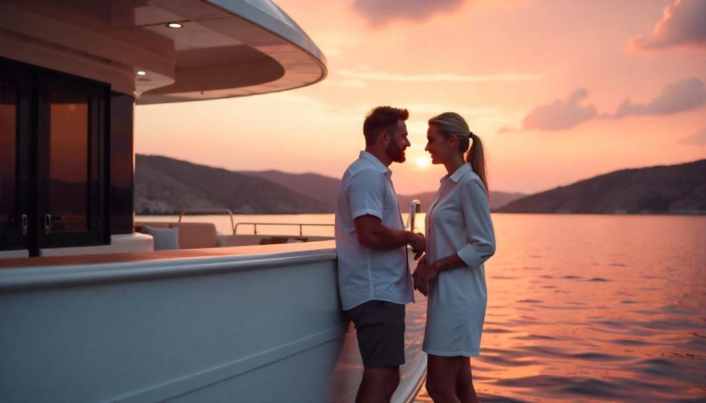 Couple negotiating during quick yacht hire reservations in Mykonos.