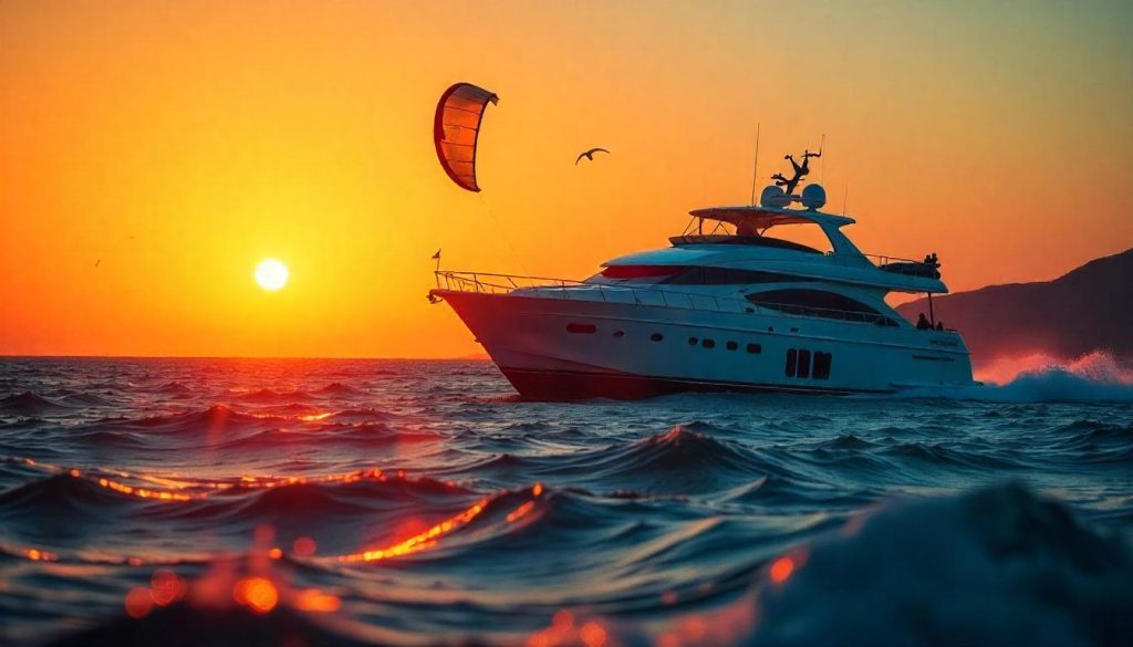 Surfař kite surfing během vodních sportů možnosti charterové jachty v Mykonos.