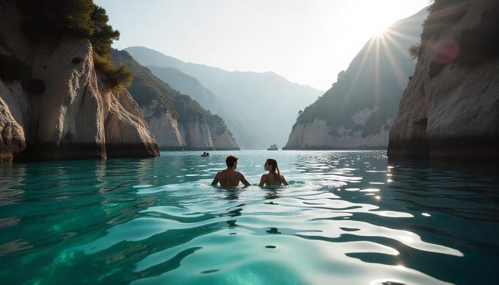 Couple swimming during romantic yacht trip packages in Positano.