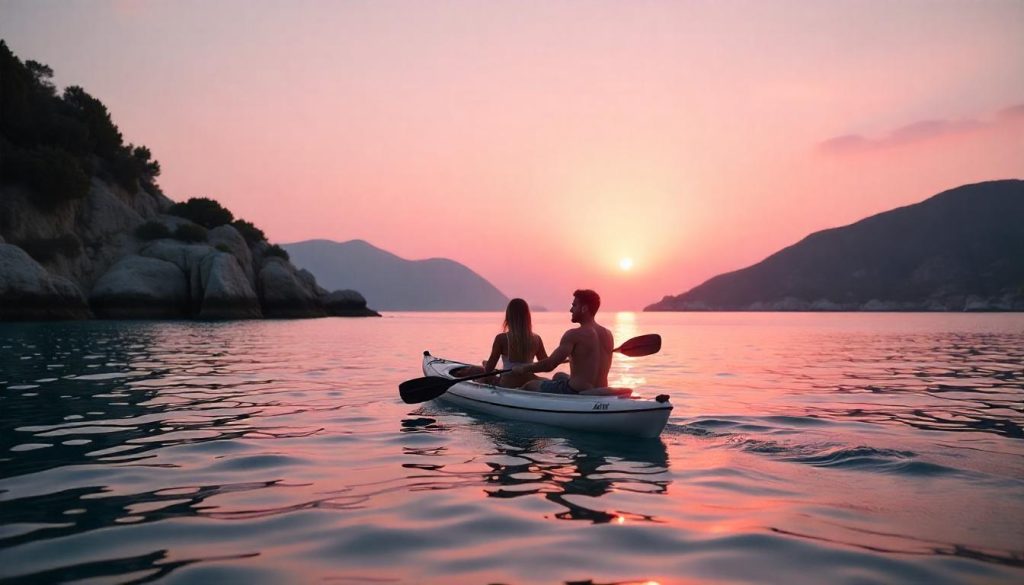 Couple kayaking during yacht chartering in low season in Sardinia.