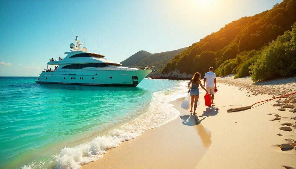 Beach cleanup from a yacht during green marine charter practices in the Seychelles.