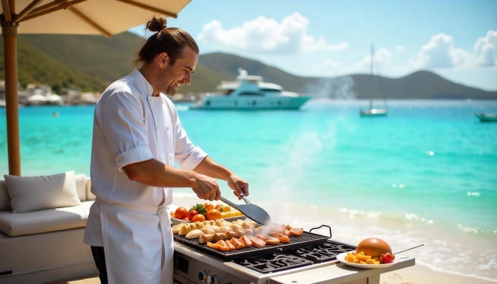 Beach barbecue from a yacht during private chef yacht dining in St. Barts.