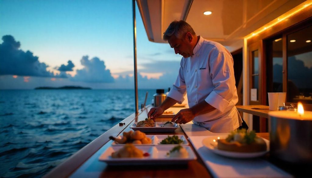 Chef plating during luxury yacht staff responsibilities in St. Lucia.