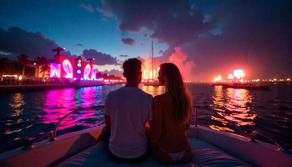 Couple watching DJs during yacht-based festival experiences in Tomorrowland.