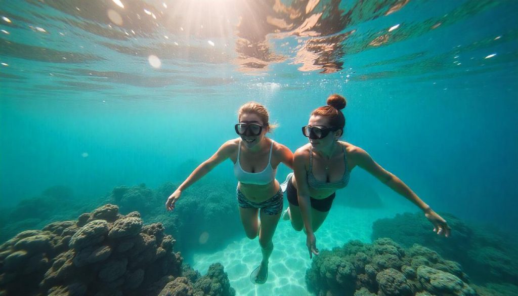 Couple snorkeling during environmentally friendly yacht journeys in Whitsundays.