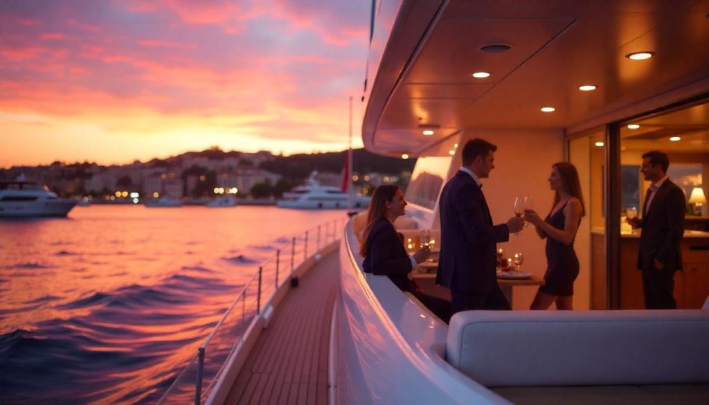 Guests toasting during festival yacht charter planning in Cannes.