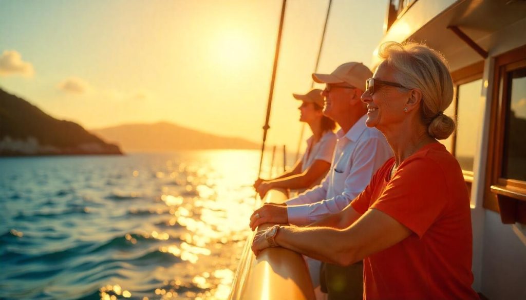 Group birdwatching during senior yacht travel advice in Caribbean.